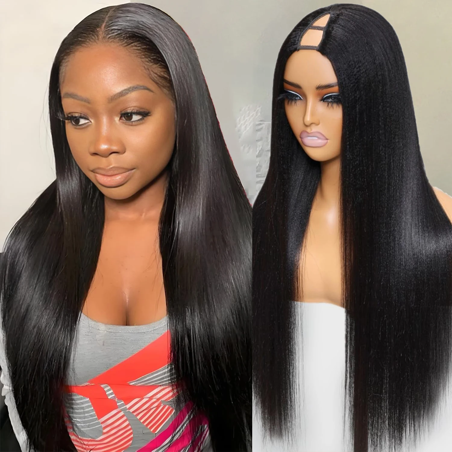 

200 Density V Part Wig Bone Straight 30-40 Inch Natural Color Brazilian Glueless Human Hair Wig for Women No Glue Required