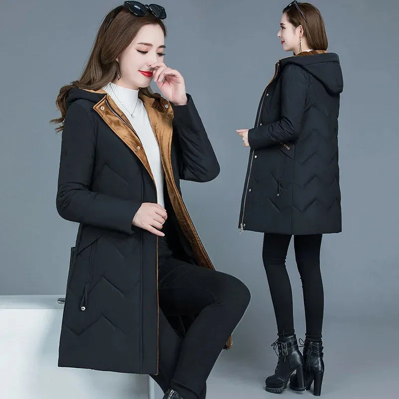 New Female Thickened Down Cotton Jacket Autumn Winter Cold Warm Padded Jackets Women's Casual Hooded Parka Overcoat Black 6XL