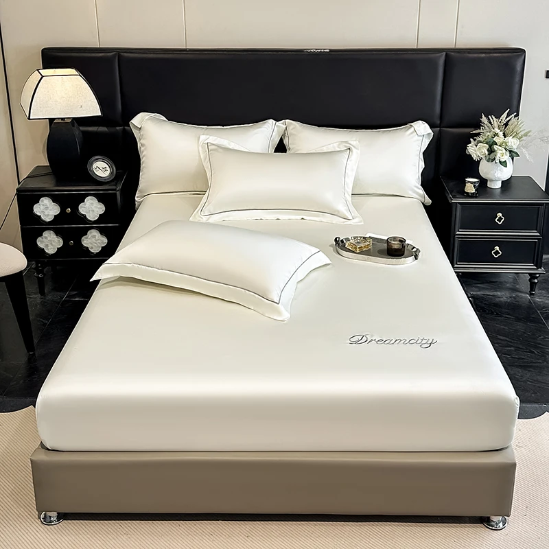 Drap-housse en satin de rayonne couleur unie avec élastique, broderie, pour la maison et l'hôtellerie