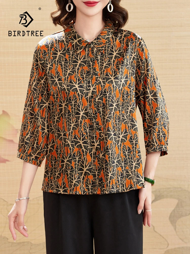 

BirdTree, 90%Real Silk Elegant Shirt, Women Lapel 3/4 Sleeves Printed, Loose Vintage Office Lady Blouses, 2024 Summer T46169QC