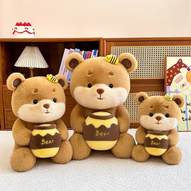 

Cute Honey Bear Plush Toy Squishy Fluffy Stuffed Animal with Honey Pot and Bee Decoration for Kids Birthday Gift Home Decoration