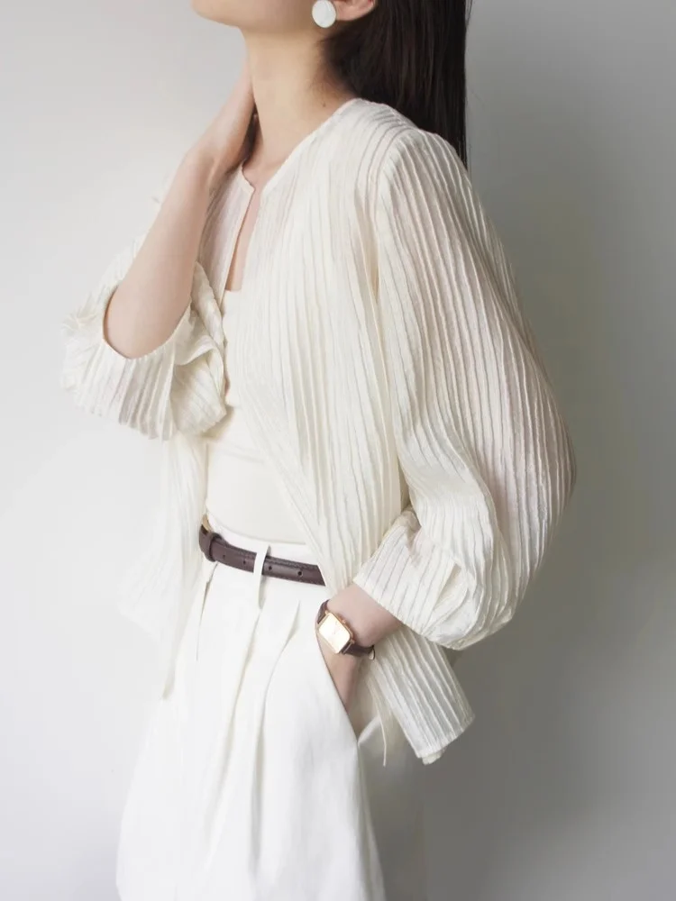 Chic Long Sleeve Women's Shirt Wrinkles 3D Vertical Stripe Korean Style Commute Fashion Spring New Sun Protection Silk Top