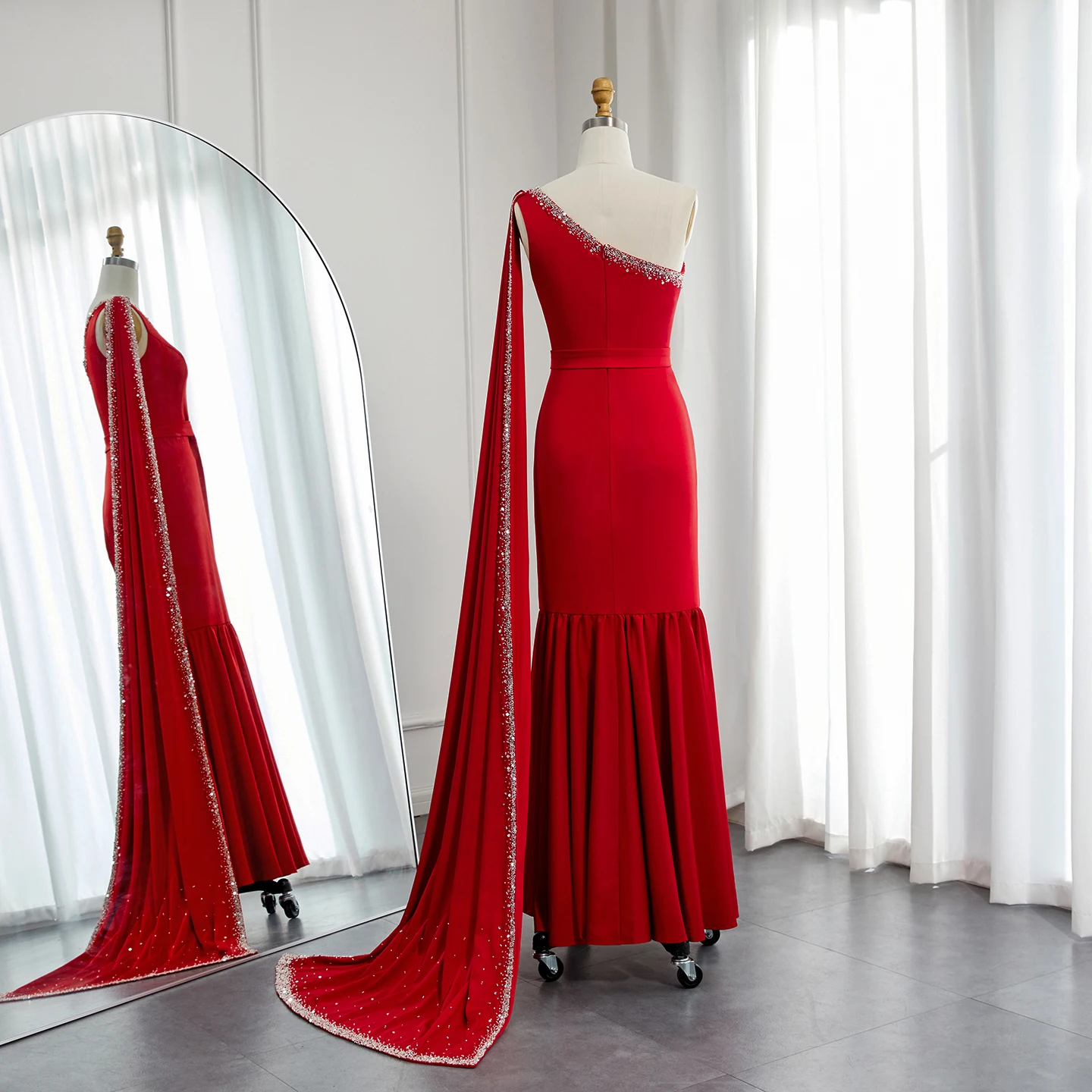 Sharon Said Burgunderrotes One-Shoulder-Abendkleid mit Cape-Ärmeln für Damen, Hochzeit, luxuriös, Dubai, formelle Partykleider SS384, individuell gestaltet