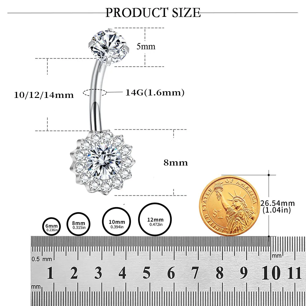 F136 Titanium Belly Button Nail 14G Inner Threaded Sunflower with Zirconia Belly Button Ring Titanium Body Piercing Jewelry