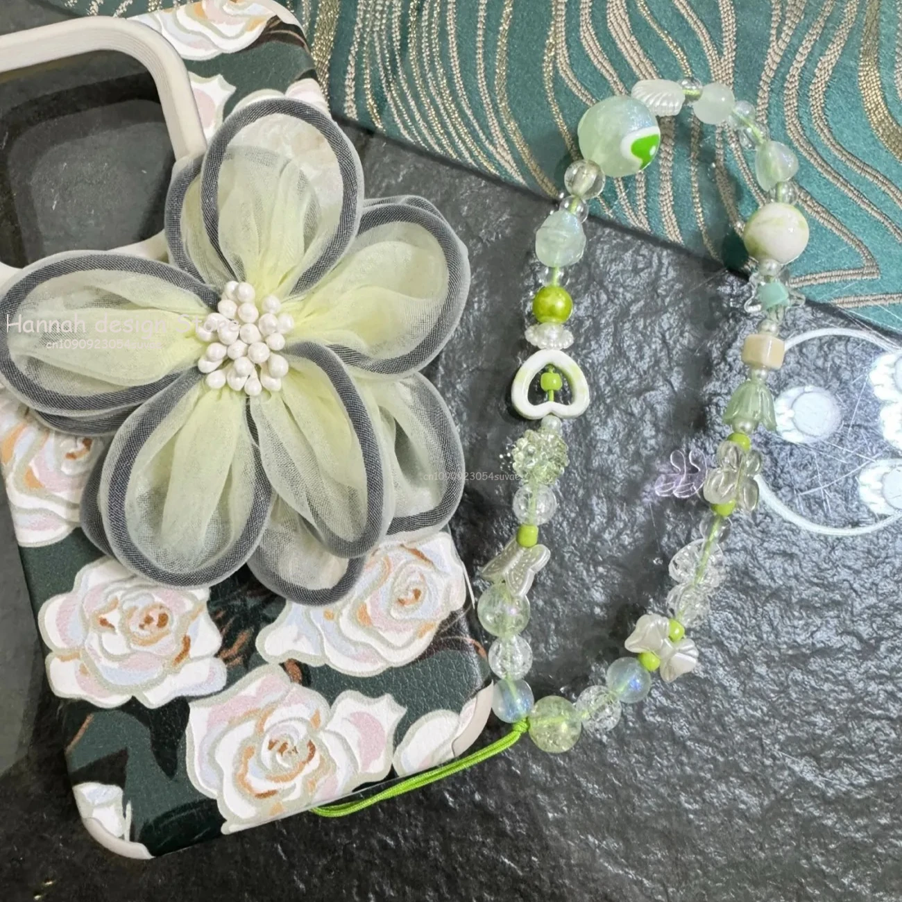 الأخضر زهرة شريط لتعليق الهاتف المحمول الحبل لطيف Kawaii فراشة سحر المفاتيح حالات ل iP 15 Airpods سماعات Ins كوريا الساخن اليدوية #3