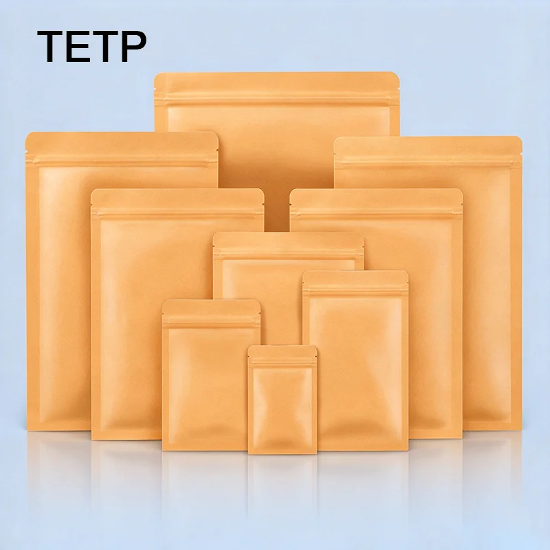 TETP Flat Bottom Kraft Paper Zip Lock Bag Aluminized Foil Inside Moisture Proof Reclosable Heat Seal Pouches Food Grade Packag