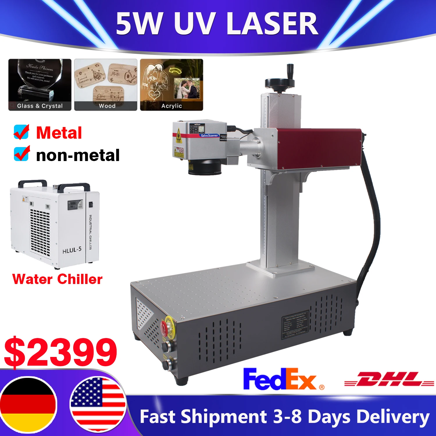 5W UV Laser Marking Machine Fiber UV 5W 355nm Non-Metal Engraver for Glass/Wood/PVC/Stainless Steel/Plastic Leather CRS 5W