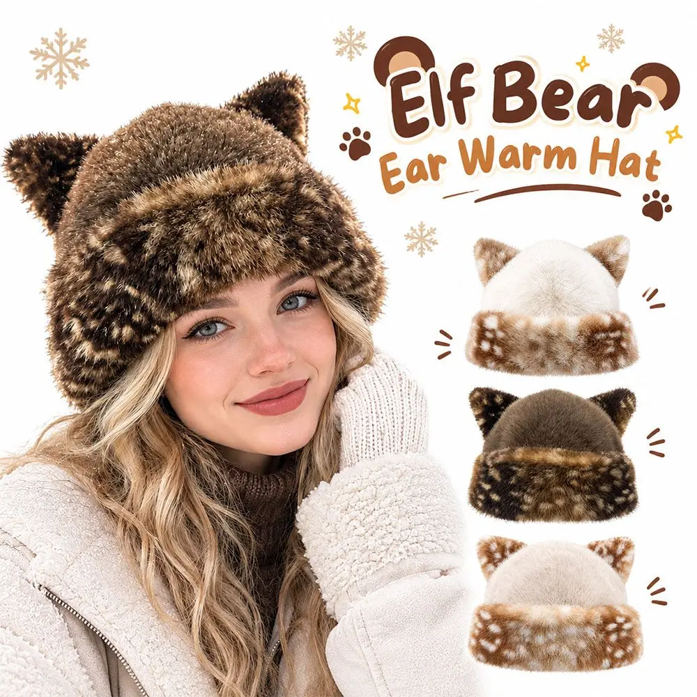 Cute Cat Ear Bucket Hat Spotted Pattern Thick Warm Fisherman Cap Faux Fur Winter Beanie Hat Women