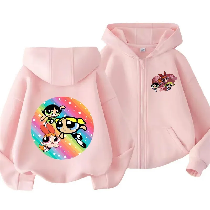 Kawaii anime Powerpuff ragazze camicia con cerniera con cappuccio cappotto sportivo ragazzi ragazze Chunqiu Harahara felpa con cappuccio Powerpuff