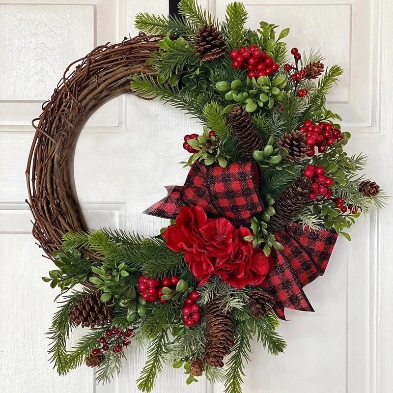 Christmas Decoration Natural Rattan Wreath Fake Pine Cone Round Heart Star Wedding Wreath Garland For Home DIY Crafts Decor