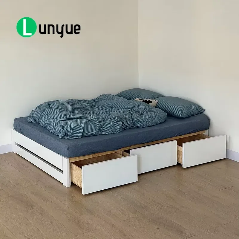 Nordic Solid Wood Platform Storage Bed Frame with Large Drawers Headboard Free High Box Design for Small Second Bedroom Space