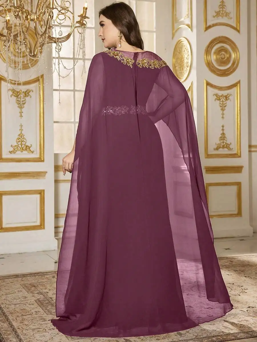 Plus Size Chiffon Evening Dress Gold Embroidery Cape Sleeve Long Maxi Gown Muslim Abaya Wedding Party Formal Dresses For Women