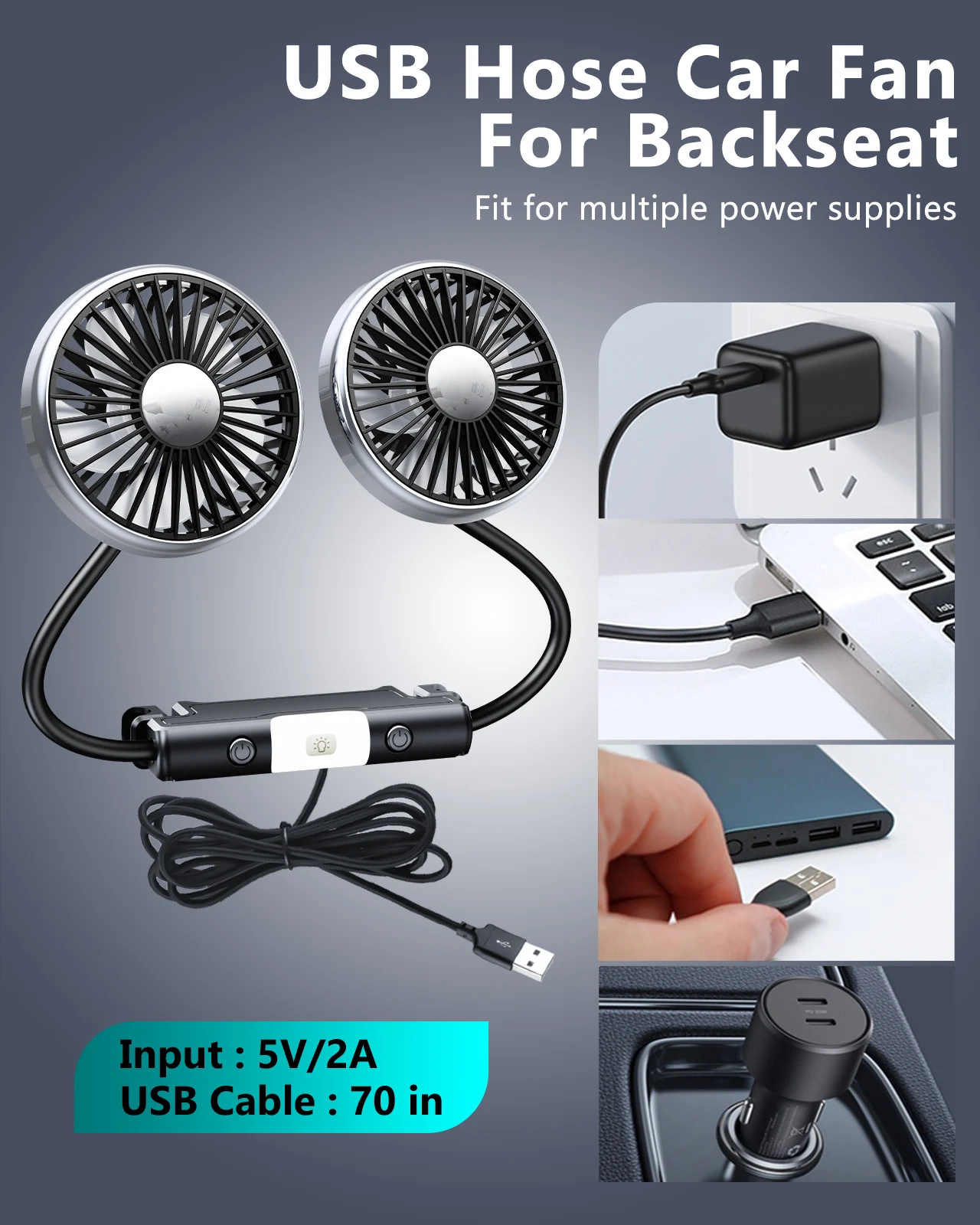 Eary Car verano doble cabezal USB ventilador montaje asiento trasero 360 giratorio 3 velocidades fuerte viento sonido silencioso 2 iluminación ventilador de aire acondicionado