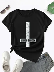 2024 Anti Christian Trash Religion Is Poison Atheist Mysterious Gothic Pattern Printed Women's Round Neck Comfortable T-shirt