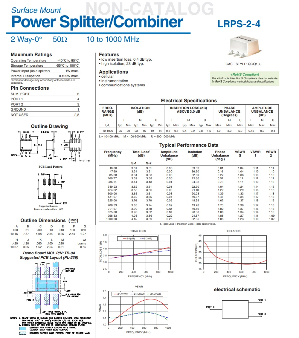 1pcs LRPS-2-4 Power 2 Ways Splitter Combiner Surface Mount SMT Wideband 10 to 1000 MHz 50Ω 50ohm