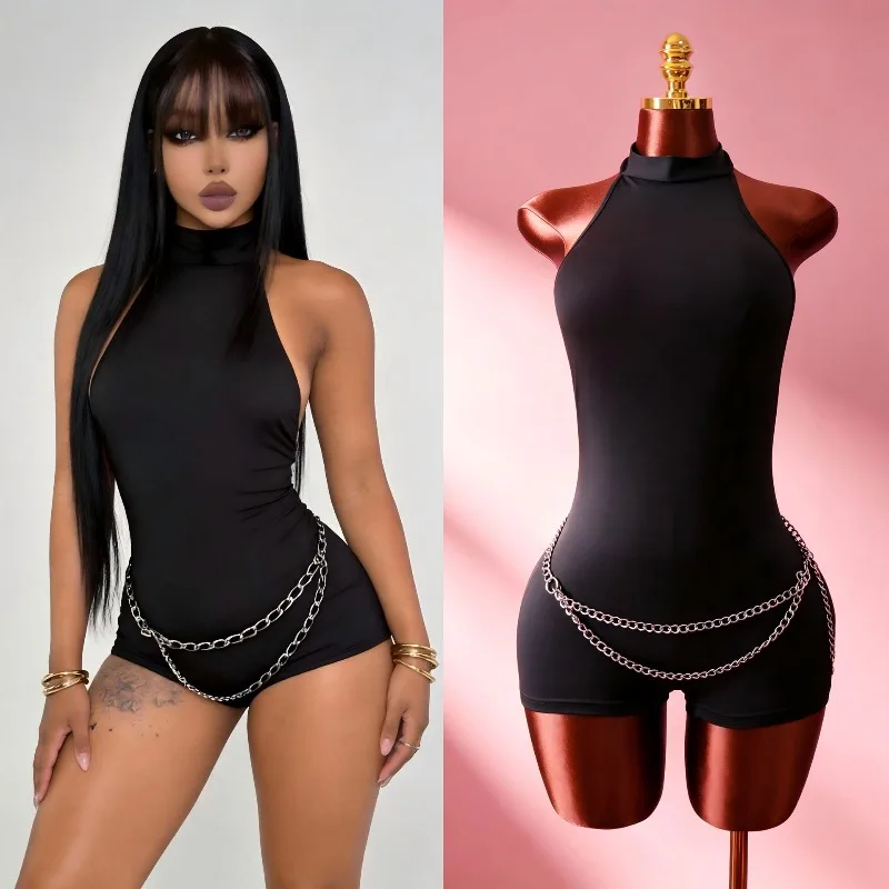 Women Fashion Metal Chains Decoration Skinny Playsuits Solid Lace Up Halter Backless Ruched Peach Hip Slim Clubwear Rompers