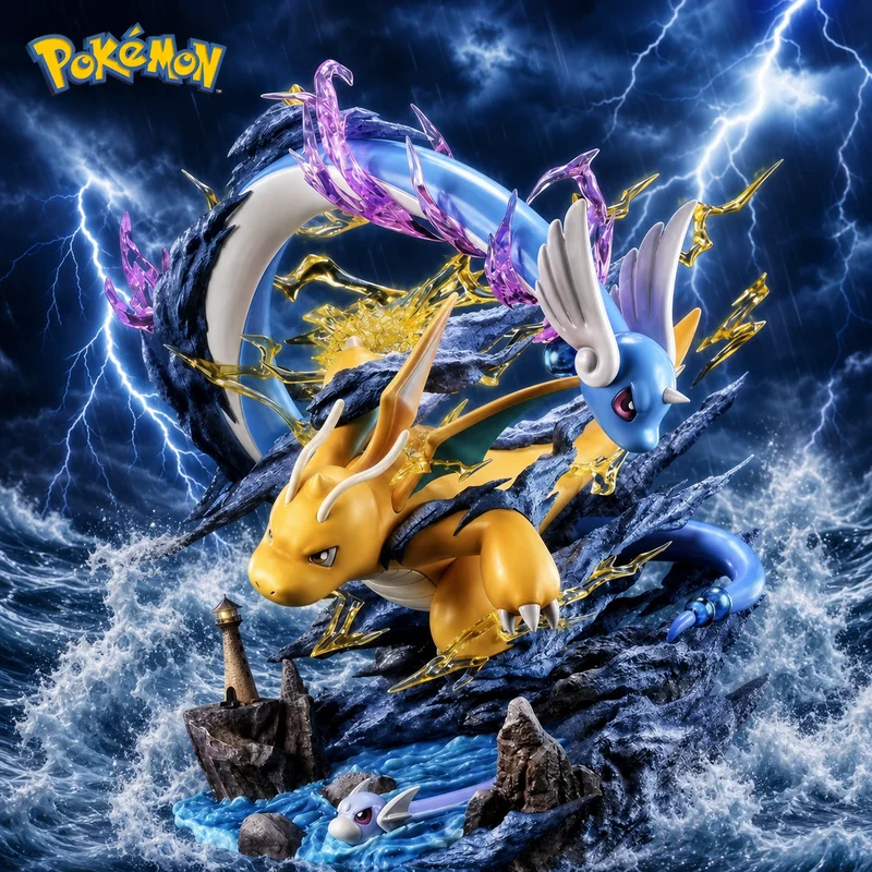 Figura de Pokémon Dratini, Dragonair y Dragonite de 30 cm, Escena de Ola Marina y Rayo, Estatua de PVC, Modelo Coleccionable, Juguete de Regalo