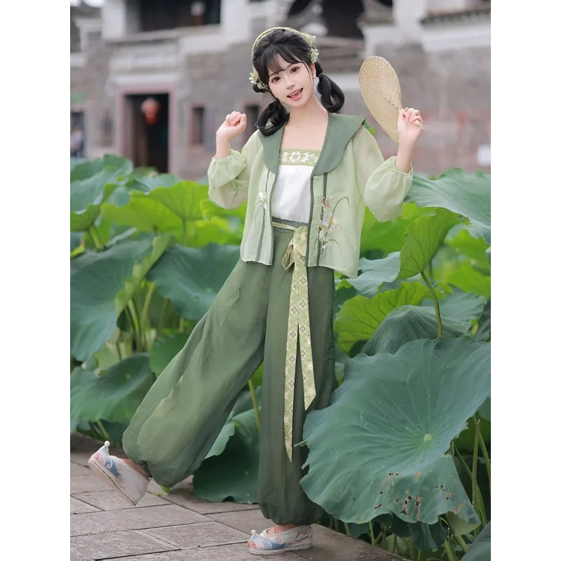 Chinese Style Improved Cardigan Embroidery Camisole Lantern Pants Set Spring Summer