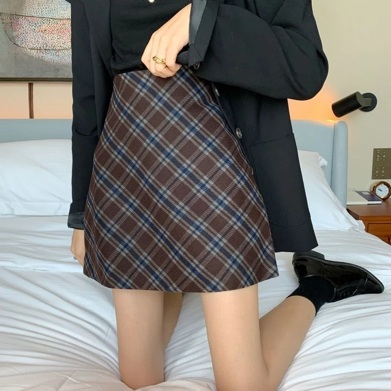 Faldas de pana para mujer, hebilla marrón, borde crudo, Otoño Invierno, acogedor, minimalista, Retro, profesional, calidez de oficina, Academia a cuadros
