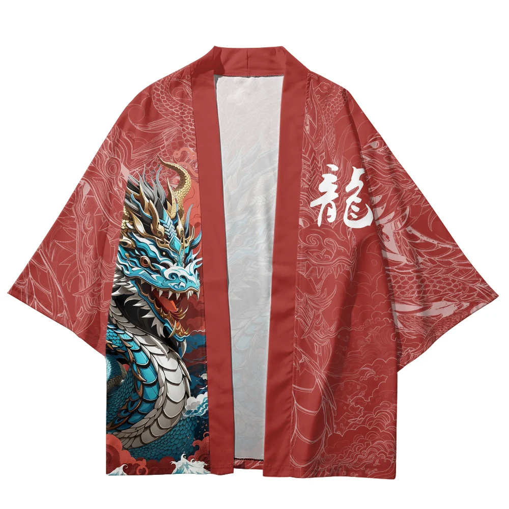 Summer Kimono Men Hawaiian Shirt Beach Cardigan Lucky Dragon Kimono Fashion Women Yukata Japanese Clothes Bathrobes Haori