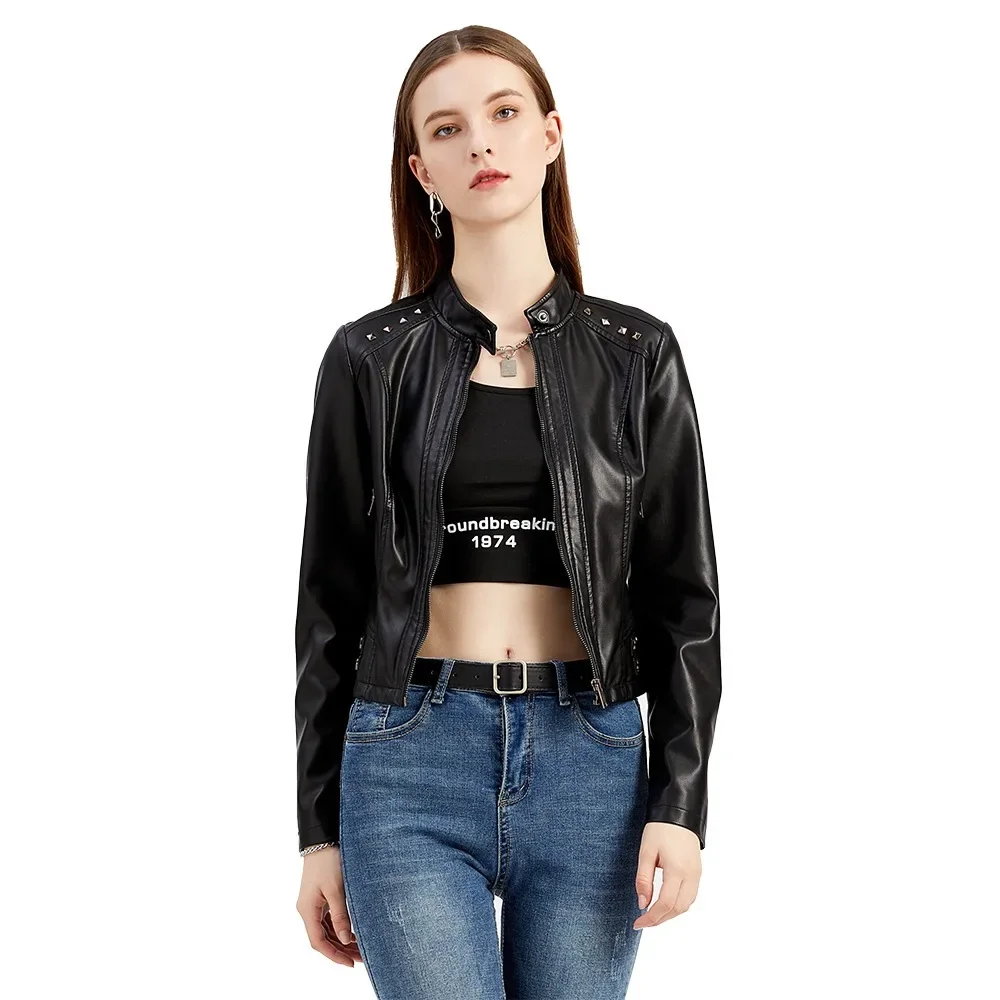 Women's New Spring Autumn Rivet Stand-Up Collar Long Sleeve Fashion Leather Jacket