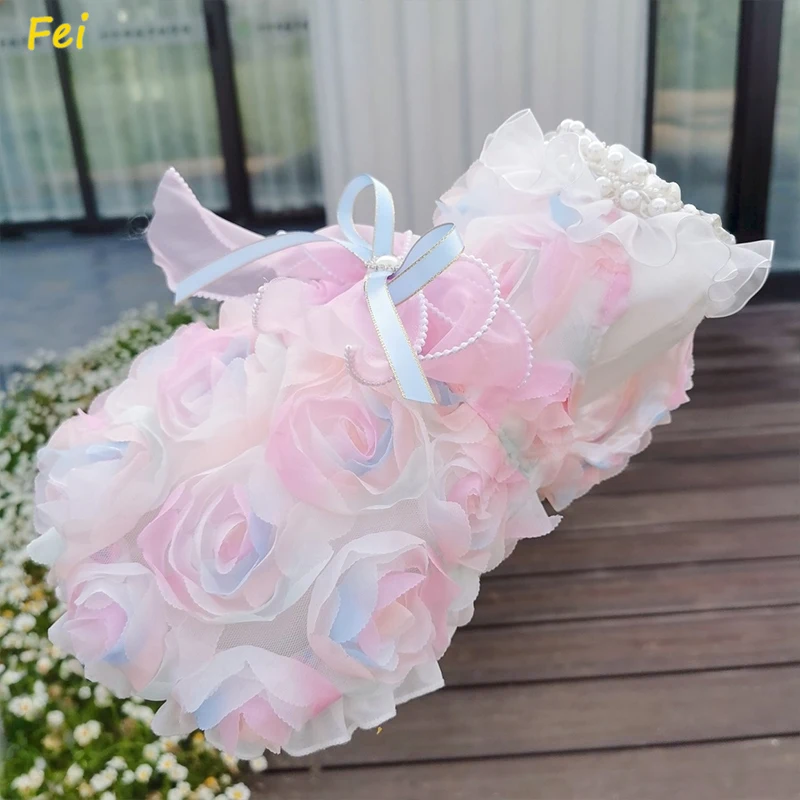 

Breathable Chiffon Pet Dress 3D Floral Puff Skirt - Summer Wedding Photography Outfit for Small Dogs Cats Home Ceremony
