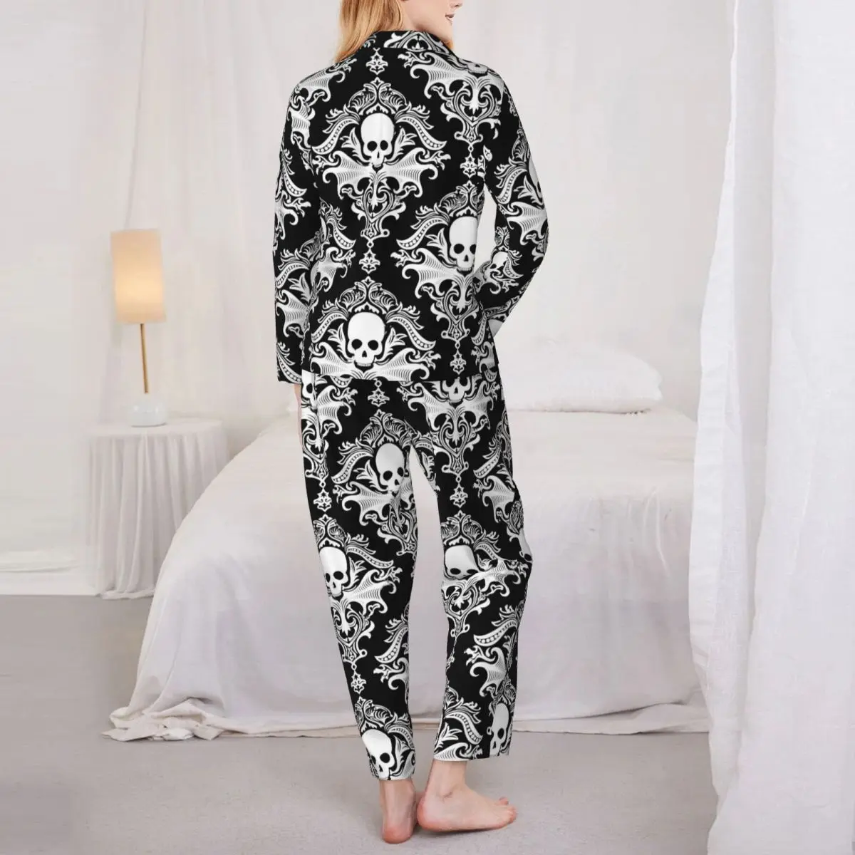 Gothic Skulls Print Pajama Sets Spring Retro Damask Kawaii Daily Sleepwear Female Two Piece Loose Oversized Printed Nightwear