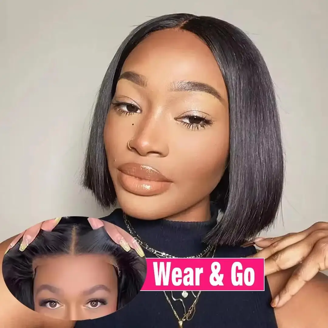 

Glueless Bob Wigs Peruvian Hair Wear and Go Short Straight Wigs Pre Cut 4x4 Lace Closure Bob Wig For Black Women Easy To Wear