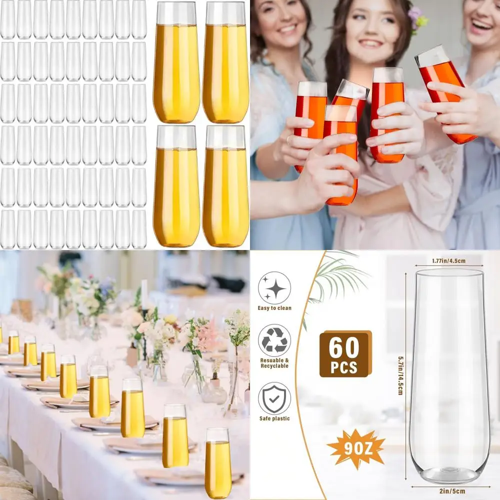 

60-Piece Unbreakable Clear Plastic Champagne Flutes, 9 oz Glasses for Cocktails, Weddings, Parties, and Celebrations