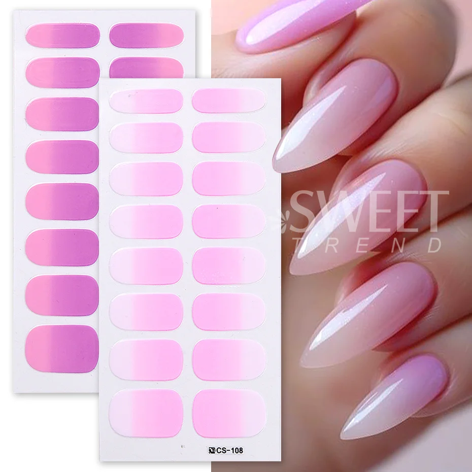 สติกเกอร์เจลสีออมเบรสำหรับเล็บ 6 ชิ้น สีชมพู ฟ้า ไล่เฉด ดีไซน์เรียบง่าย ติดง่าย ปิดเต็มเล็บ พร้อมตะไบและแท่ง