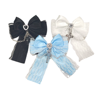 Harajuku Y2K Aesthetic Lolita Style Cute Bow Clips With Cross Chains Gothic Black Blue White Sweet Lace Hairpins For Girls Women