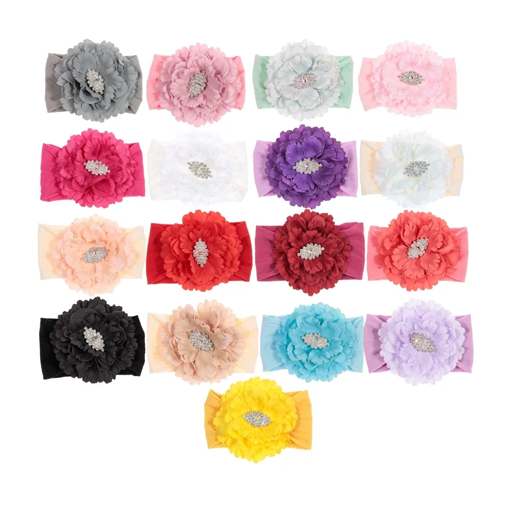 1PCS Newborn Toddler Baby Girls Headwraps Peony Flower with Rhinestone Knot Nylon Turban Headband Hair Accessories Gifts