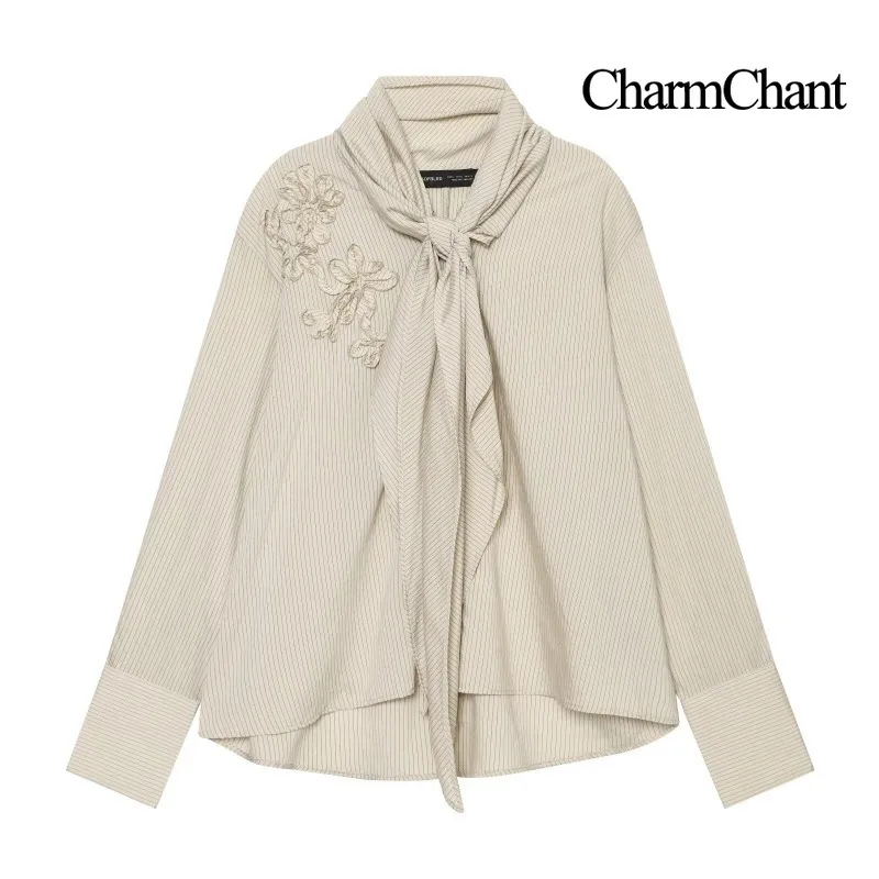 CHARMCHANT Women's Bow Tie Collar Striped Shirt Floral Applique Oversized Long Sleeve Blouse Office Elegant Autumn 2026
