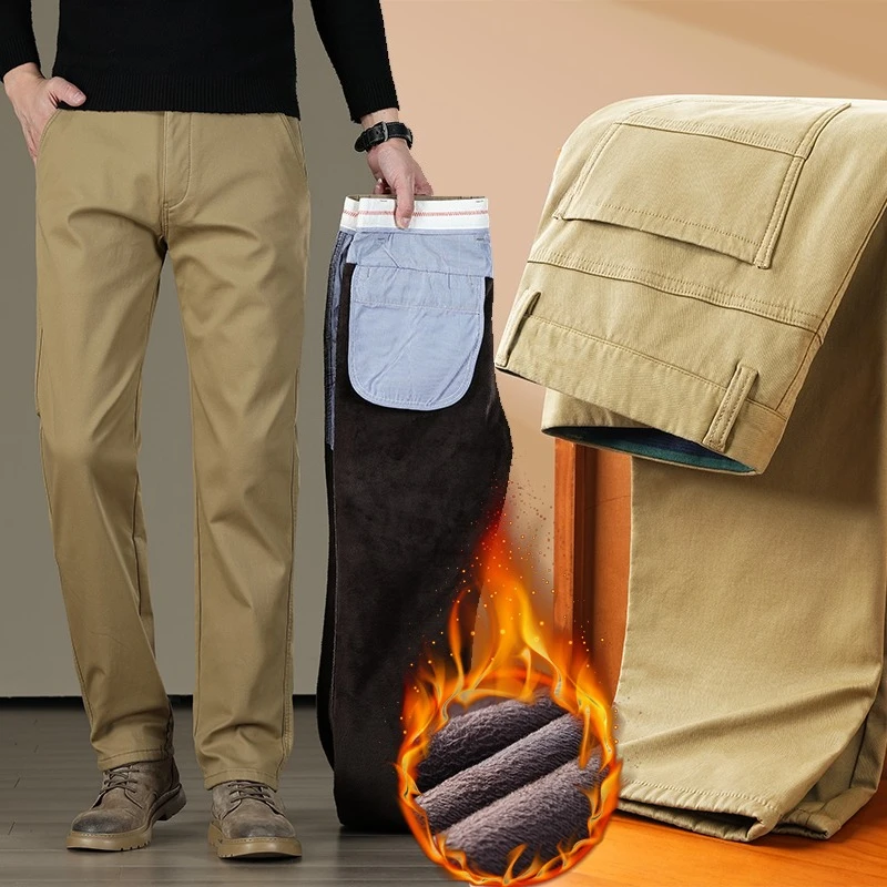 

Повседневные брюки на флисовой подкладке, зимние мужские утолщенные теплые модные прямые брюки, удобные эластичные повседневные рабочие брюки
