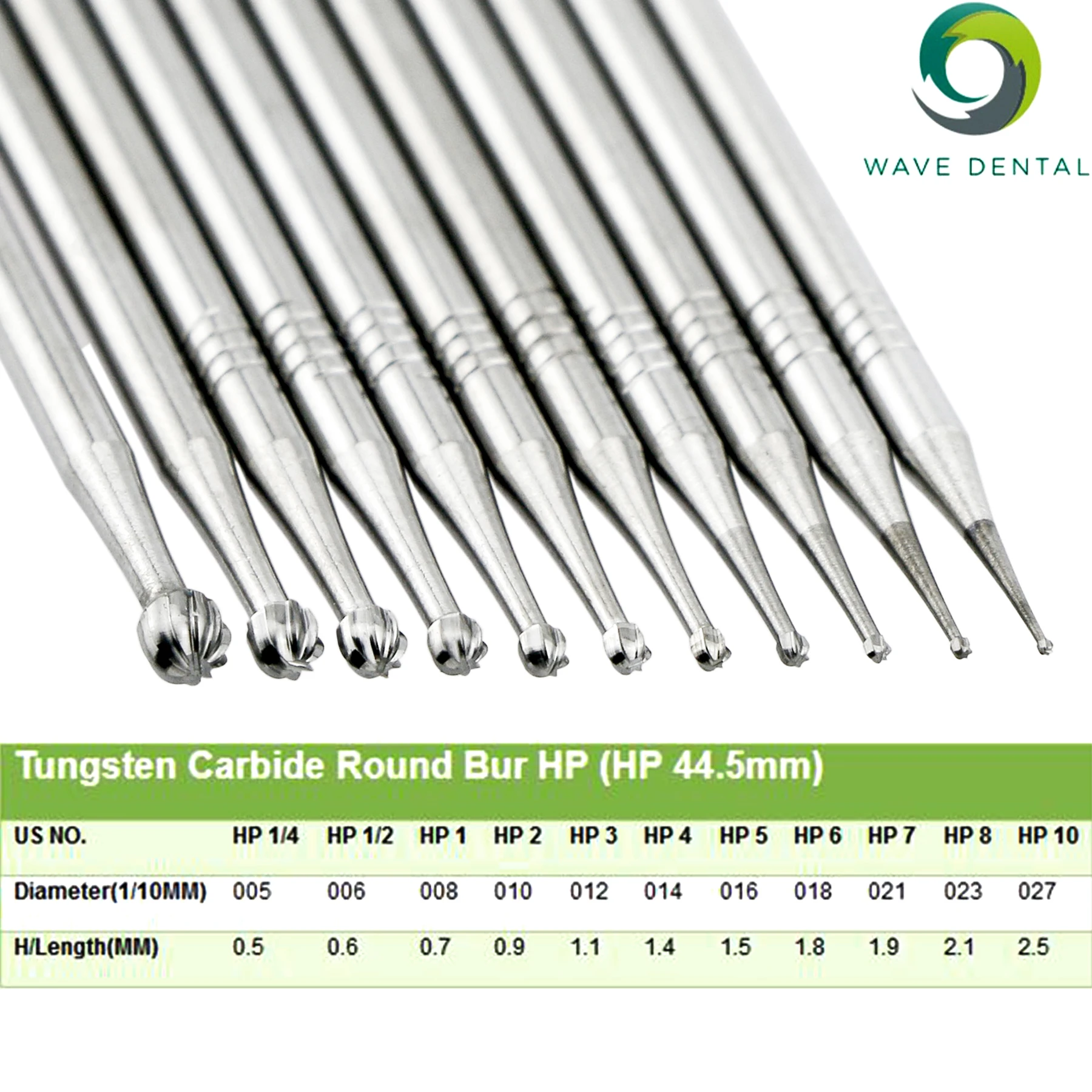 WAVE Dental Round Tungsten Carbide Burs 0.5 to 2.5mm For Straight Nose Cone Handpiece 5Pcs/pack