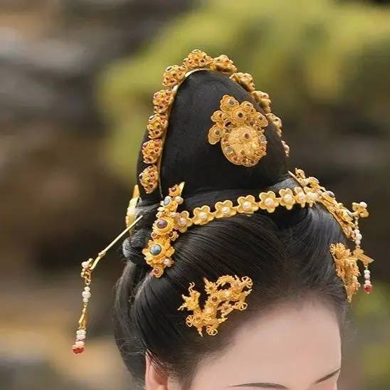 

Латунная позолоченная антикварная шелковая заколка Hanfu с инкрустацией золотом, верхний цветок для подруги, свадебные аксессуары