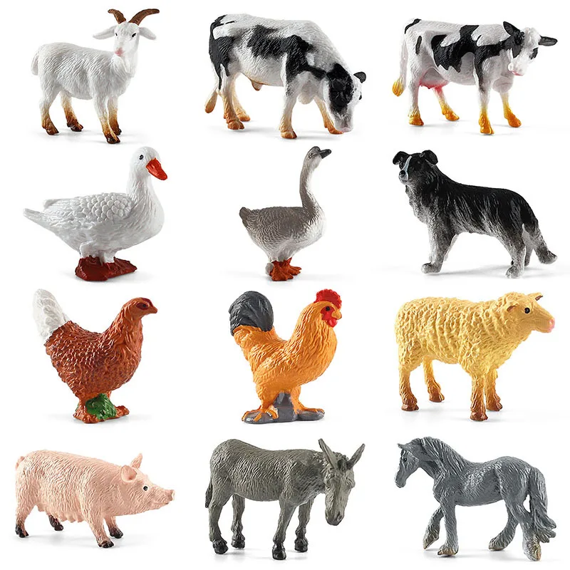 A Set of 12 Mini Poultry Small Animal Toys Solid Farm Decoration Simulation Chicken Duck Goose Cow Horse Sheep Model Kid\'s Toy