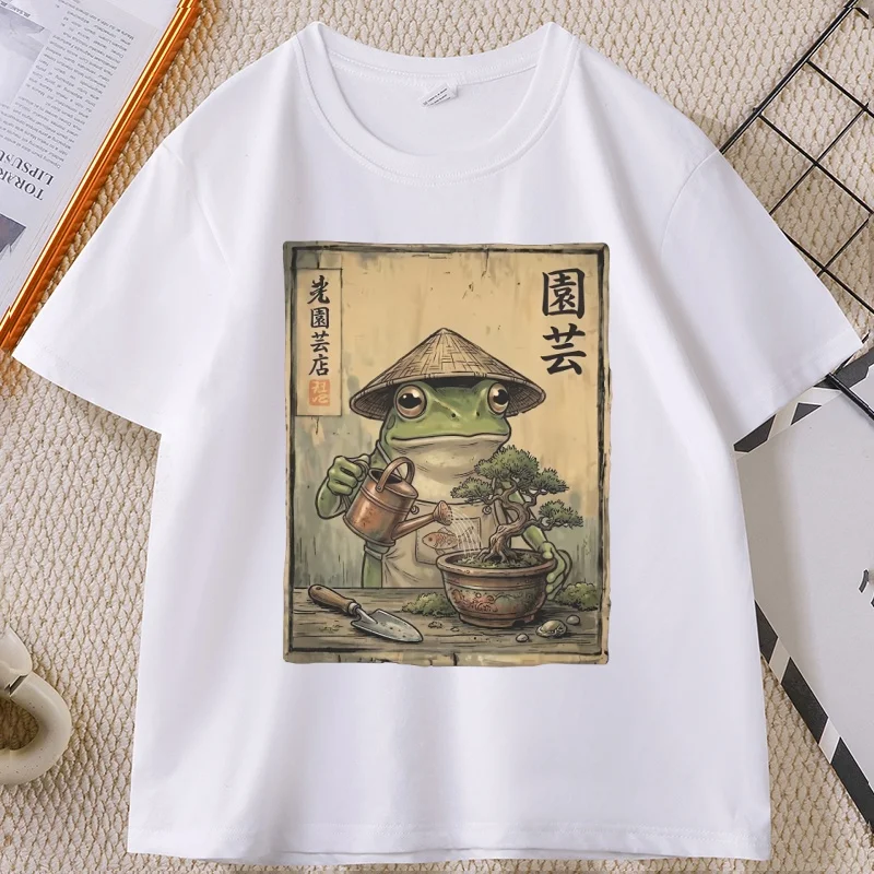 Bonsai Frog T Shirt Funny Gardening Frog Tee Japanese Style Frog Printed Tshirt Casual Cotton Short Sleeve Round Neck Clothes