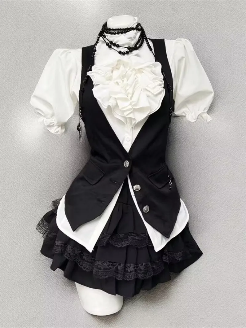 

Harajuku Gothic Vintage 3 Piece Sets Womens Outfits Bubble Sleeve Lolita Shirt + Slim Kawaii Vest + Cake Y2k mini Skirt Sets