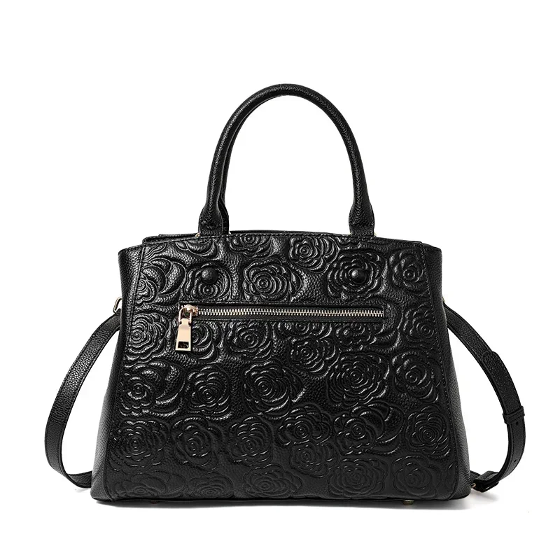 Aidrani Large-capacity tote bag leather fashion shoulder slung handbag with rose pattern on the first layer of leather handbag.