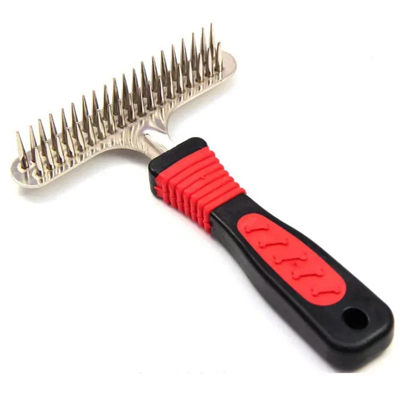 Long Tooth Undercoat Dog Rake Anti-Slip Rubber Handle Pet Grooming Rake Slicker Tool Heavy and Duty Steel Comb