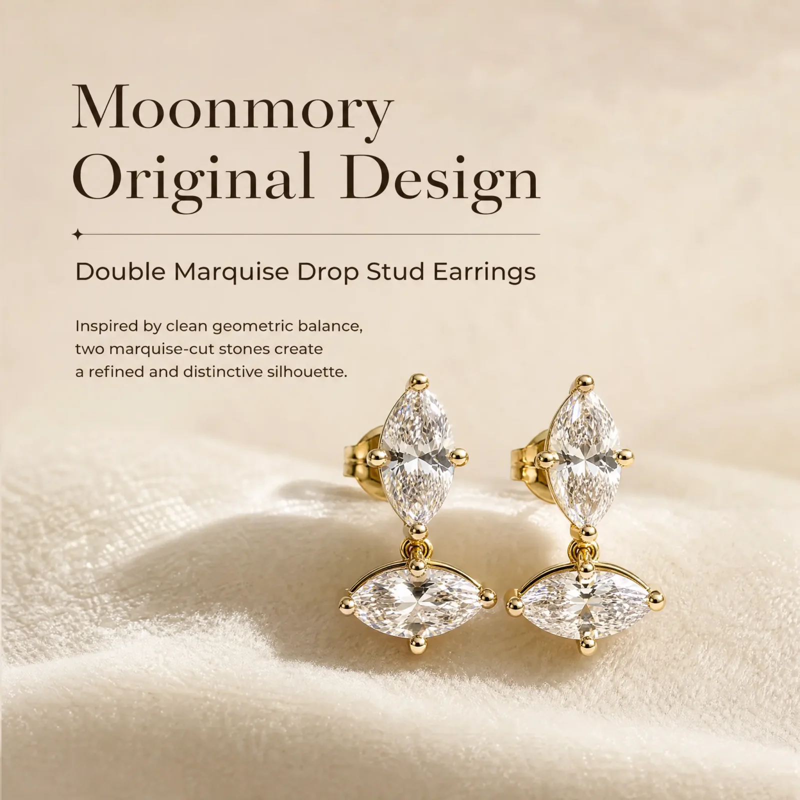 Moonmory Minimalistisches, einzigartiges Design, doppelte Marquise-Ohrstecker für Damen, 5A Kubikzirkonia, 5x10mm, 14k doppelt vergoldet – Detail 7