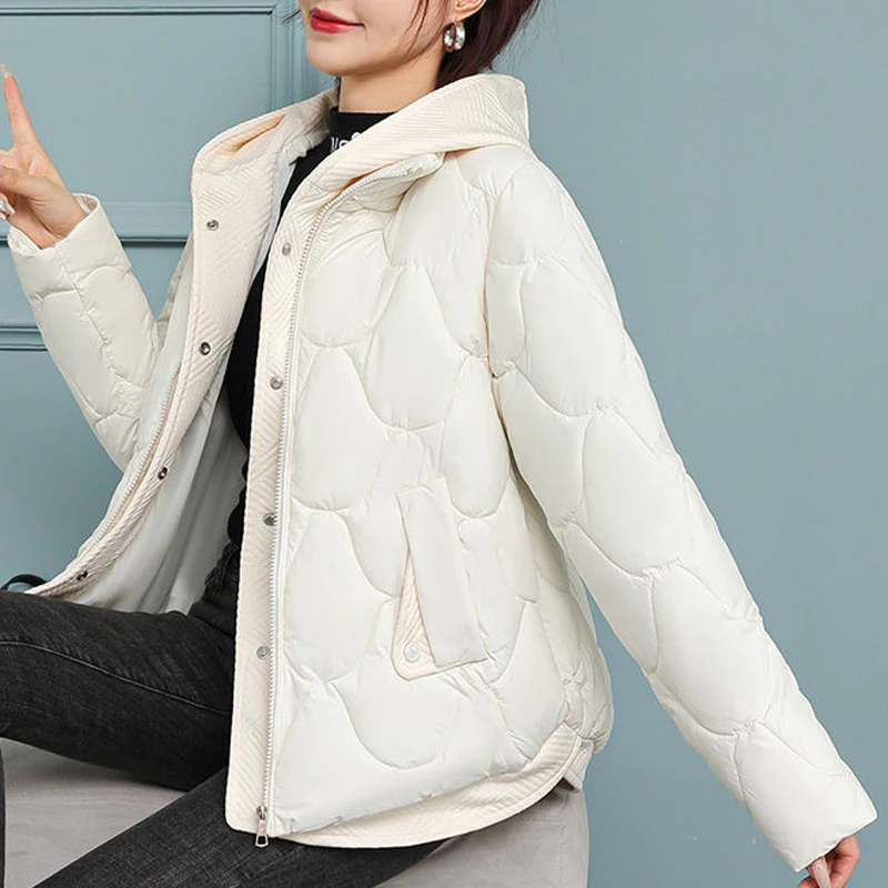 Winter Women Casual Streetwear Down Cotton Padded Coat Trendy Patchwork Loose Quilted Hooded Jacket Long Sleeve Irregular Parkas