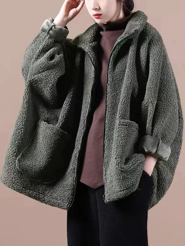 حجم كبير المرأة فرو الضأن Jaet الخريف الشتاء جديد Sle عالية الإحساس المفتوحة سترة دافئة فضفاضة معطف القطن
