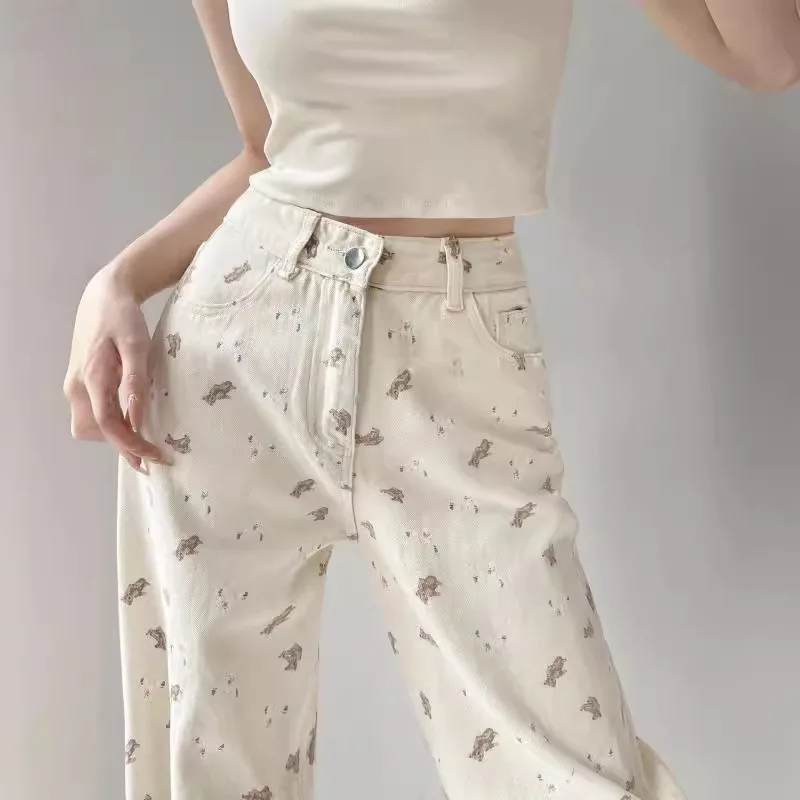 

Retro High Street Bear Print Jeans Female 2024 Summer High Waisted Loose Casual Straight Wide Leg Drag Trousers Pantalones Y2k