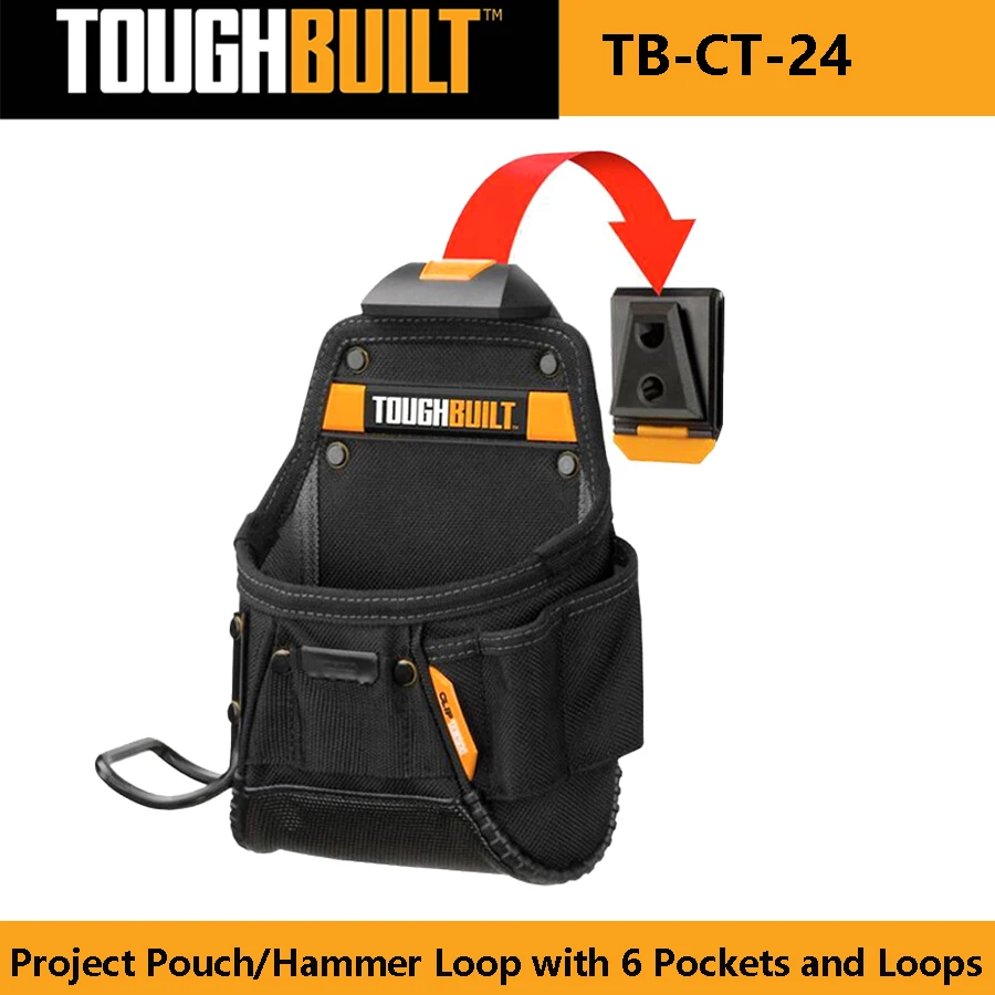 TOUGHBUILT TB-CT-24 Project Pouch/Hammer Loop Heavy-duty Construction 6 Pockets and Loops Hanging Hammer Storage Tool Bag