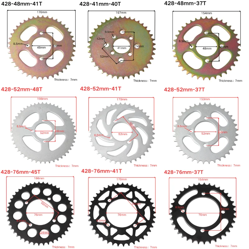Coroa Traseira de Moto 428 37T/40T/41T/45T/48T para Motos de 70CC 90CC 110CC 125CC 140CC 250CC, Pit Bikes, Quadriciclos e ATVs
