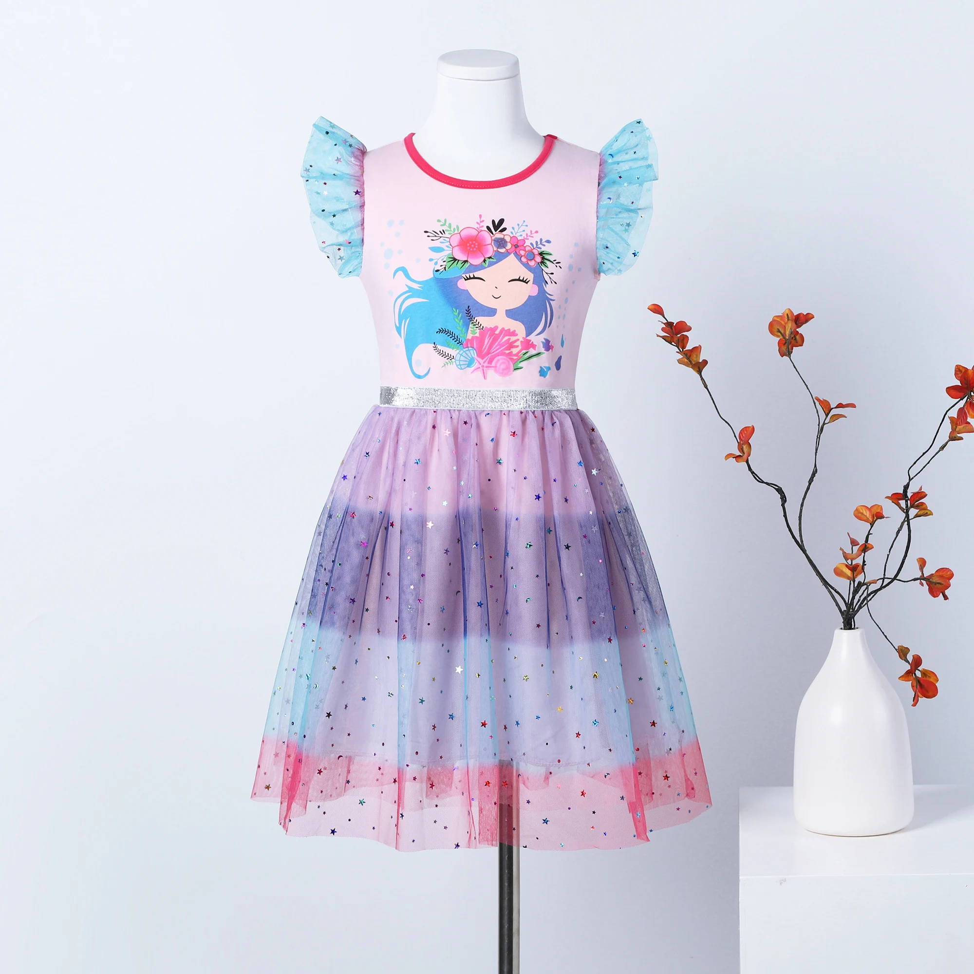 Girls Floral Print Summer Dress with Star Embroidery Mesh Paneling And Fairy Wings for Birthday Parties SH1768