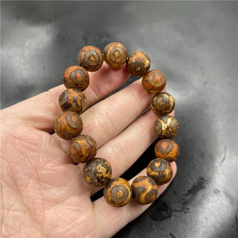 14Mm Tibetan Old Three-Eyed Dzi Agate Bead Bracelet