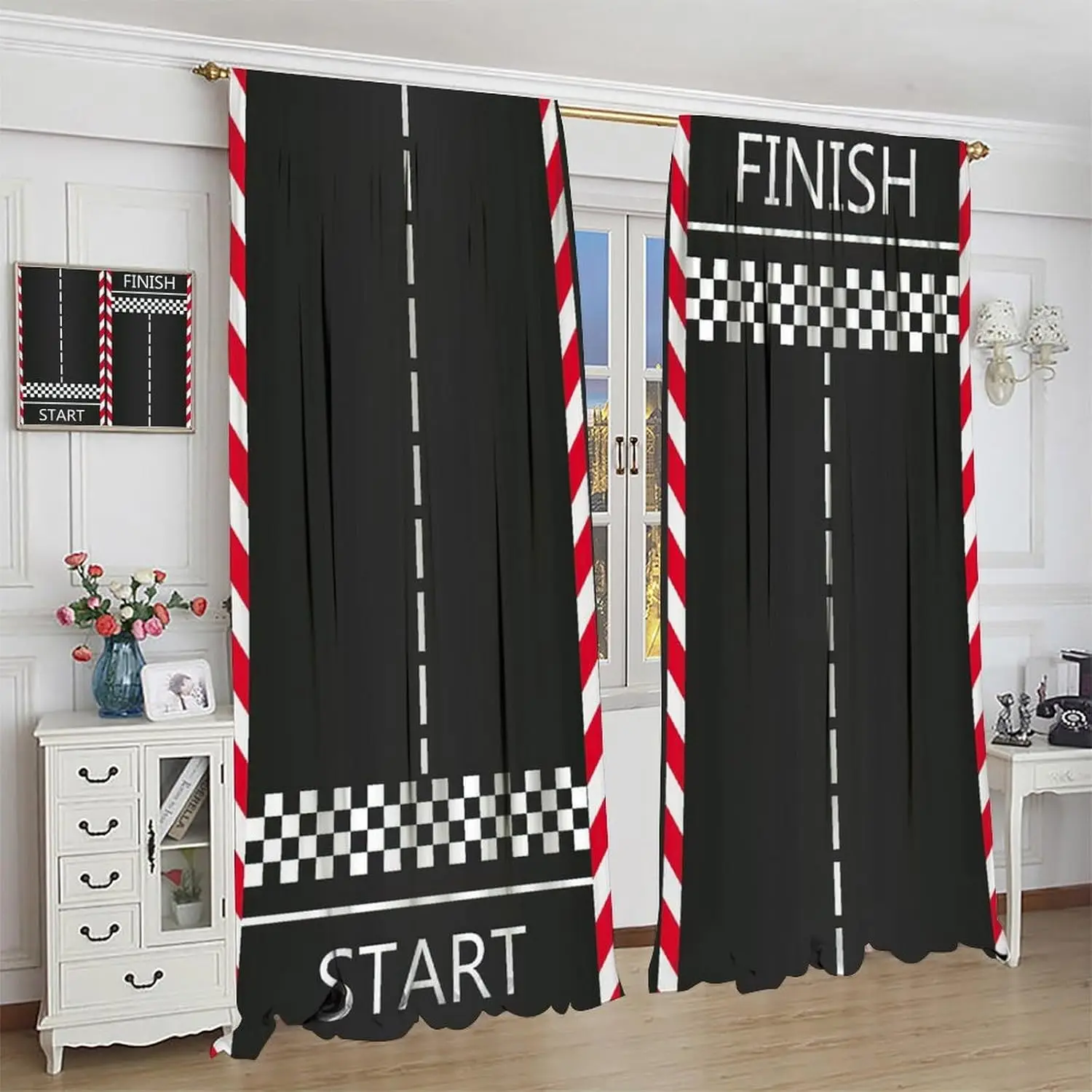 Kids Race Car Track Decor Window Curtains, Start and Finish Checkered Flag Sports Window Drapes, for Children Boys Teen Games